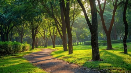 Obraz premium Morning Sunlight Through Trees in a Park
