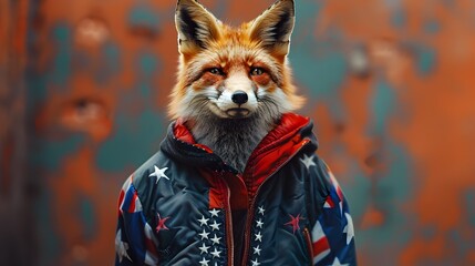 Playful Fox Wearing American Stars Jacket in Minimalist Setting