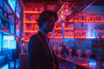Obraz premium A pensive businessman with a glass of whiskey sits in the ambient light of a sophisticated bar, reviewing documents.