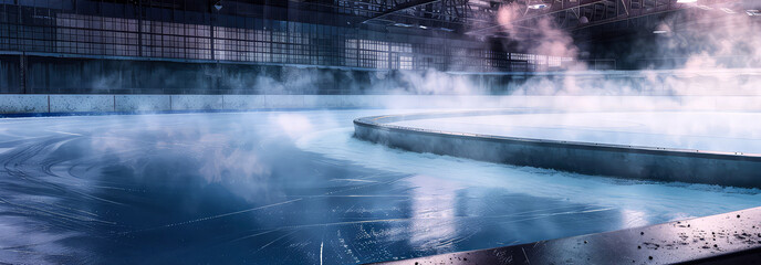 Fototapeta premium Professional ice rink sport arena.Hockey stadium with spotlights, steam. Ice textured background. Sport banner with copy space. Generative ai. 