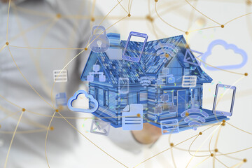 home iot - Neural network 3D illustration. Big data and cybersecurity