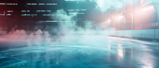 Obraz premium Professional ice rink sport arena.Hockey stadium with spotlights, steam. Ice textured background. Sport banner with copy space. Generative ai. 