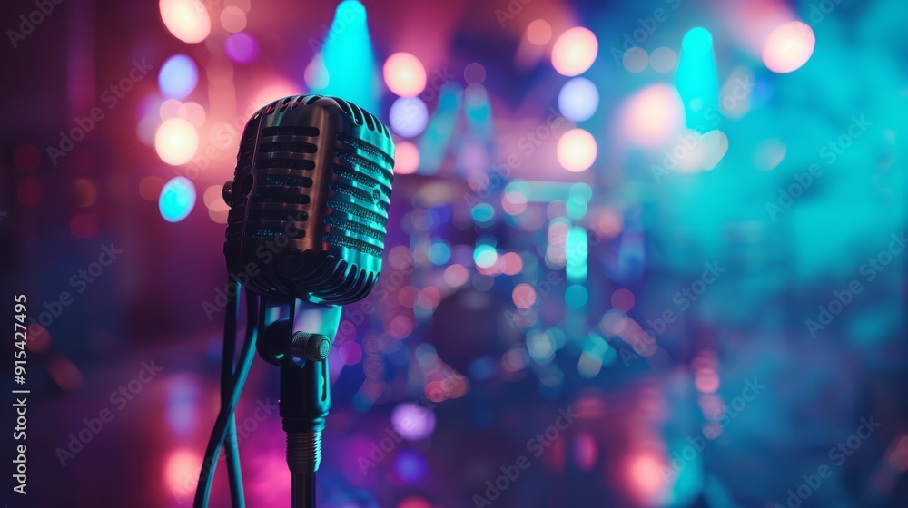 Aufkleber a microphone is on a stand in front of a colorful background