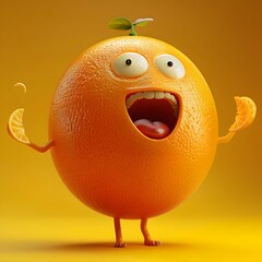 An anthropomorphic orange character with arms and legs, smiling with an open mouth, set against a yellow background.