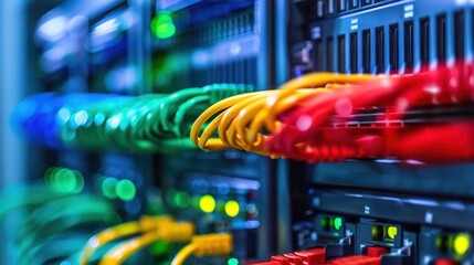 Naklejka premium Network Server Rack with Colorful Cables