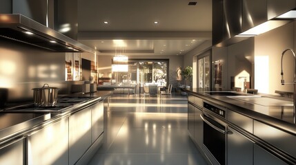 Spacious 3D kitchen with contemporary appliances and clean design, modern culinary space