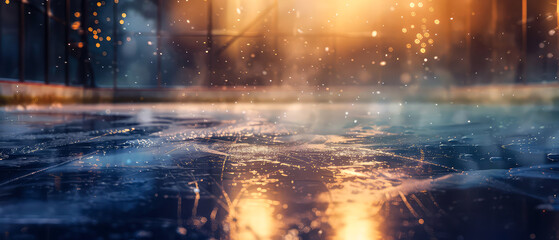 Professional ice rink sport arena.Hockey stadium with spotlights, steam. Ice textured background. Sport banner with copy space. Generative ai.	