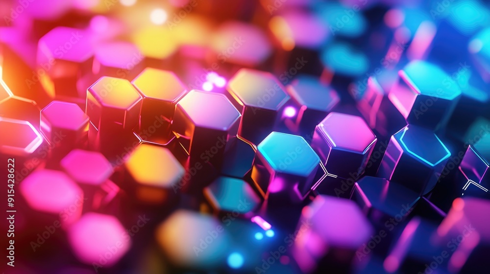 Poster vibrant 3d background with colorful hexagons and dynamic lighting, energetic abstract art