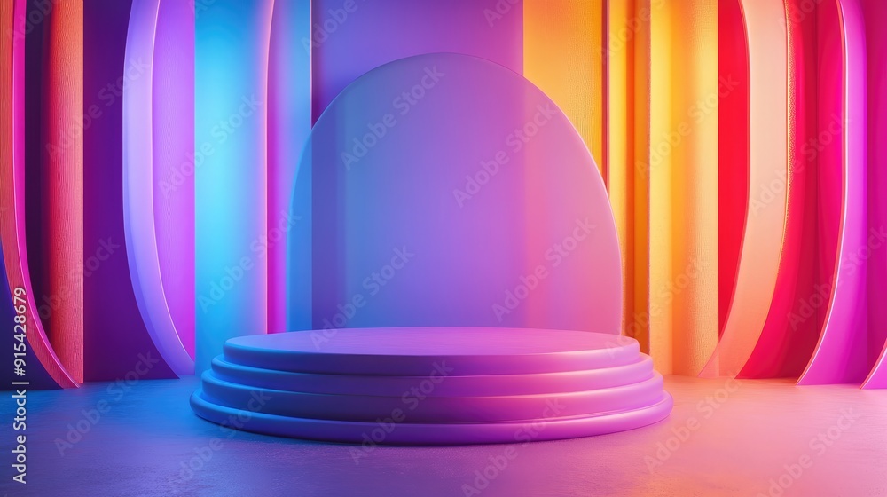 Poster vibrant 3d background with colorful podium and dynamic light effects, energetic display design