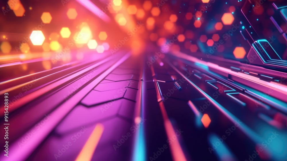 Poster vibrant 3d background with hexagonal prisms and light trails, energetic abstract concept