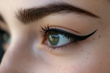 Obraz premium A close-up of a woman's eye accentuated with dramatic eyeliner during daylight hours