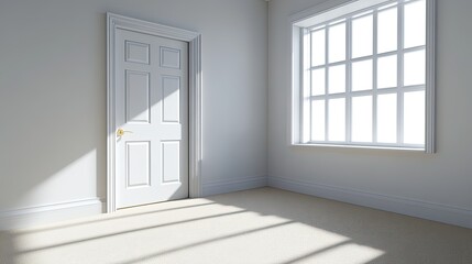 Obraz premium This empty white room features a door and a large window, allowing natural light to illuminate the beige carpet and clean walls