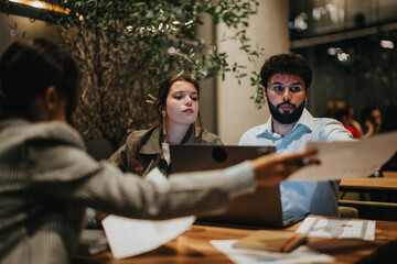 A start-up team works together on a new project at a casual coffee bar late at night, showcasing teamwork and collaboration.