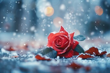 Beautiful rose with snows with blurry bokeh background