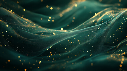 Waves of green fabric with golden sparkles, creating a dreamy and luxurious texture, ideal for abstract backgrounds and copy space.