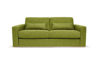 Green fabric sofa with pillows isolated on white background