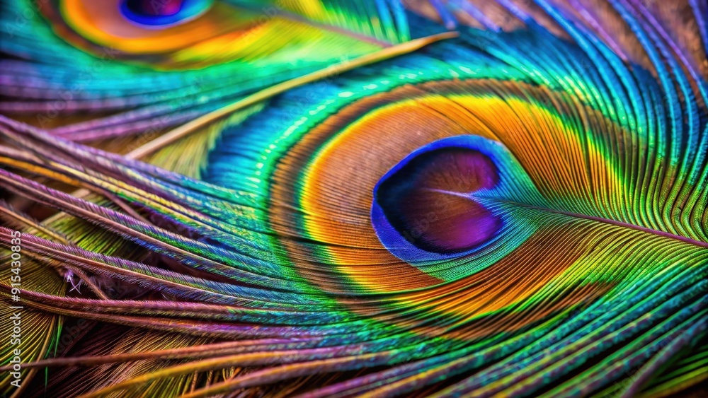 Poster close-up shot of a colorful peacock feather showing intricate patterns and vibrant colors, peacock, 