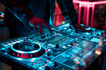 Naklejka premium Futuristisches holografisches DJ Pult mit leuchtenden Effekten und modernem Interface
