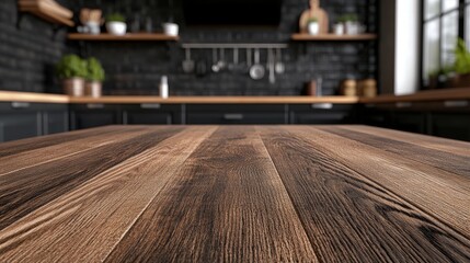An image of a wooden table top with a blurred background in a kitchen