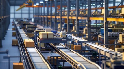 Fototapeta premium Automated conveyor belt system in a modern distribution warehouse.