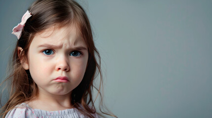 Banner little сaucasian girl expressing upset on a gray background. Negative emotions. Copy space.