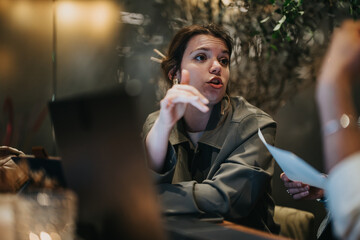Young professional woman engaged in a passionate discussion with a colleague in a modern office...