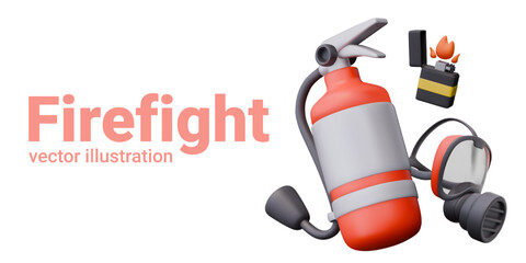 Classic firefighting kit. Realistic fire extinguisher, respirator with transparent mask
