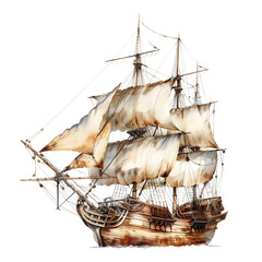 Fototapeta premium Galleon, full body, single object, watercolor illustration