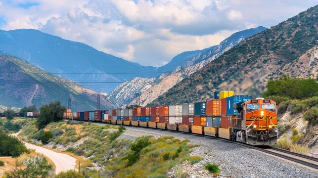 A freight train rumbles through a mountain pass.