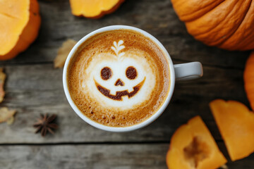 Cup of cappuccino is decorated with scary pumpkin face for halloween celebration on wooden background with pumpkins around - Powered by Adobe