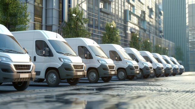 A row of white delivery vans is parked on a city street with modern buildings in the background.