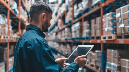 A worker in a warehouse is using a tablet to check inventory.
