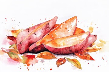 On a transparent background, whole and split sweet potatoes with bright leaves are shown