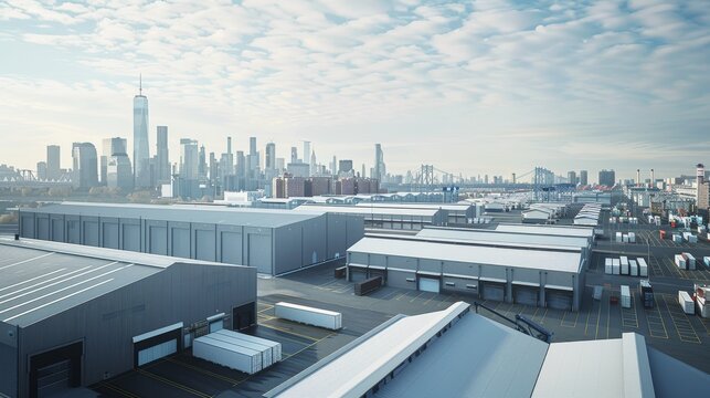 Aerial view of an industrial district with a city skyline in the background.