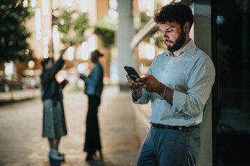 Businessman leaning against a wall while using his smart phone on a city street at night with two blurred figures in the background.