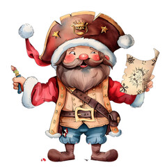Naklejka premium a super cute cartoon pirate Wearing a santacaus costume holding Treasure Map, full body, single object, watercolor illustration