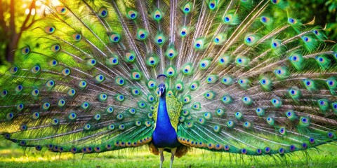 Obraz premium A beautiful peacock displaying its vibrant feathers in a park, peacock, bird, colorful, wildlife, nature, feathers, park, outdoor