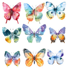 Butterfly set, Watercolor painting style, illustation clip art, transparant background, Generative AI