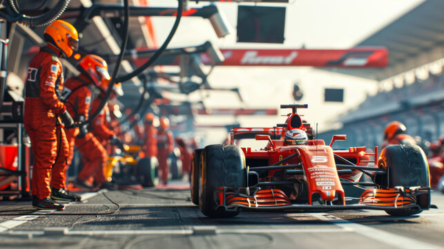 Professional pit crew in red uniform ready for action as their team's race car arrives in pit lane during a pitstop of a car race, concept of Professional teamwork. Front view racing car on pit stop