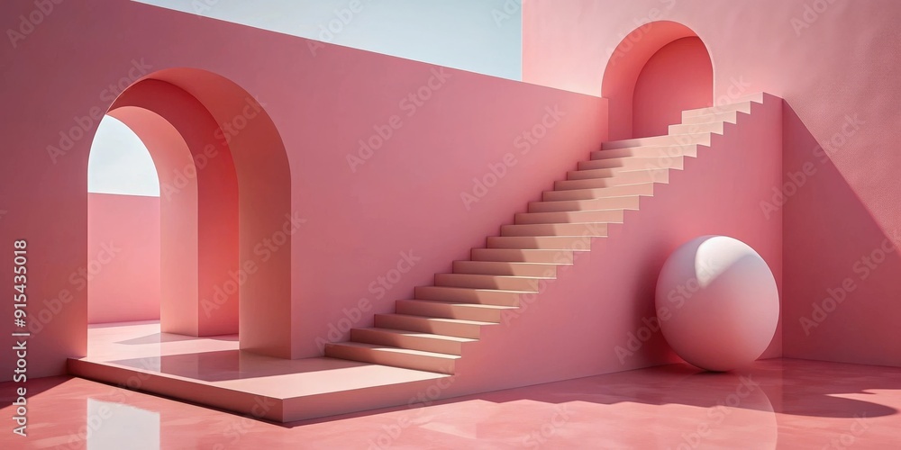 Aufkleber minimalist pink architecture with stairs, arches, and a large spherical object