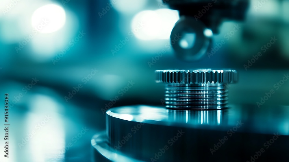 Poster Precision-Machined Metal Part Close-Up with Gleaming Surface in Industrial Setting