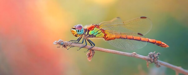 Vibrant Dragonfly Perched on a Twig - Realistic Macro Photography