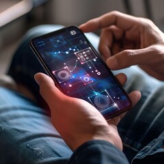 Hands holding a smartphone with a holographic digital interface, displaying various applications and connected technologies.