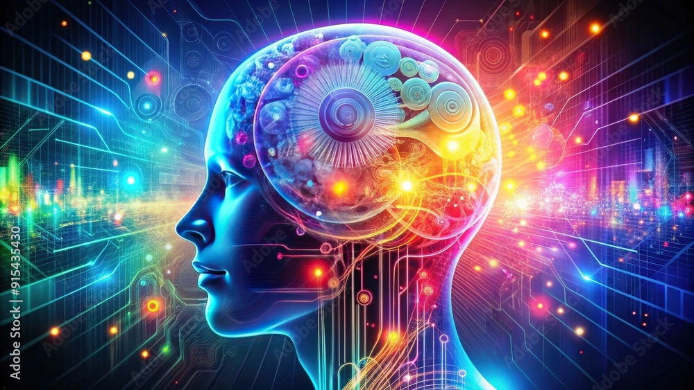 Poster abstract colorful digital artwork of artificial intelligence concept, technology, futuristic, machin