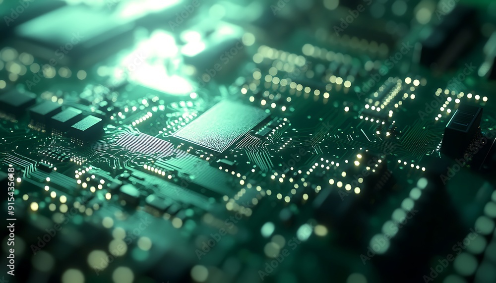 Poster close-up of finished circuit boards with pristine solder joints in factory lighting