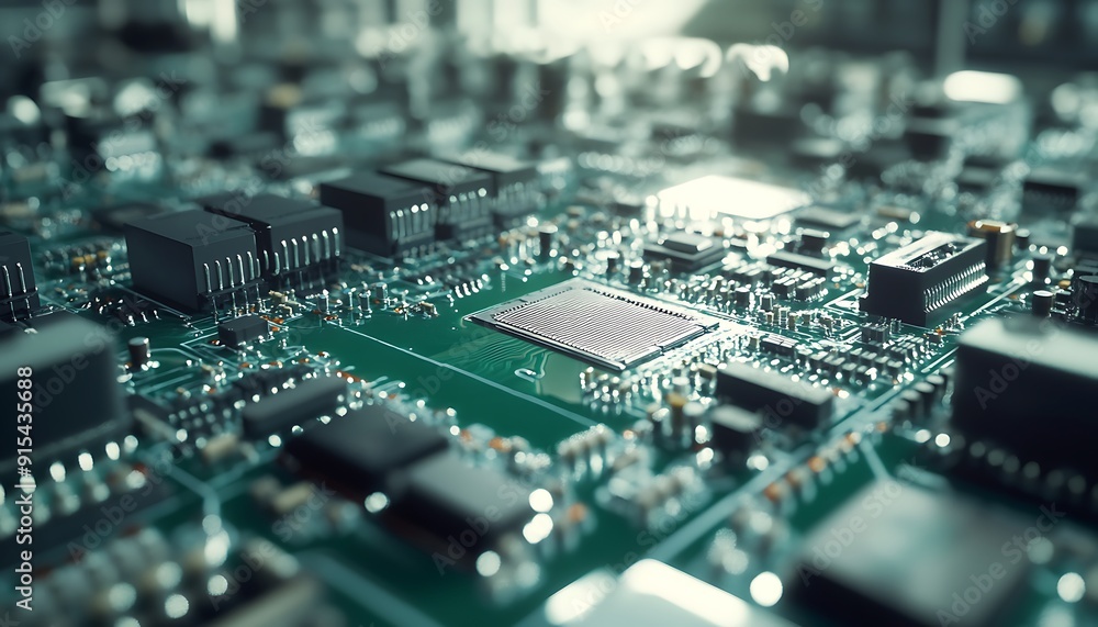 Poster close-up of finished circuit boards with pristine solder joints in factory lighting