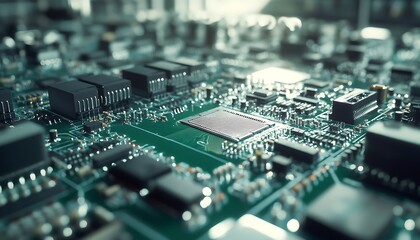 Fototapeta premium Close-Up of Finished Circuit Boards with Pristine Solder Joints in Factory Lighting