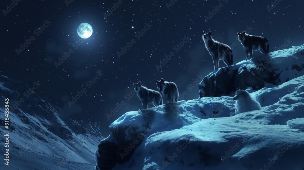 Wall mural three wolves are standing on a snowy mountain at night. the moon is shining brightly in the sky, cre