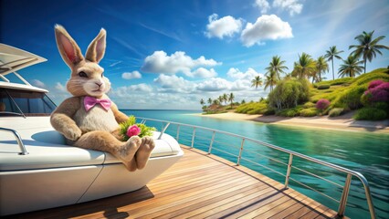 The Easter Bunny relaxing on a luxurious yacht in a tropical paradise, Easter, Bunny, Yacht, Exotic, Island, Vacation, Holiday