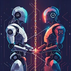 Two futuristic robots facing each other, connected by a glowing digital chain, symbolizing collaboration and advanced technology in a cyber world.